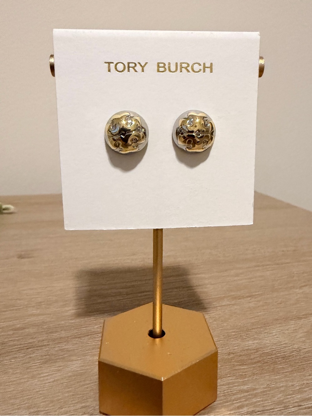 Tory Burch Miller Dome Stud Earrings Two Tone Gold Silver Logo Studs New